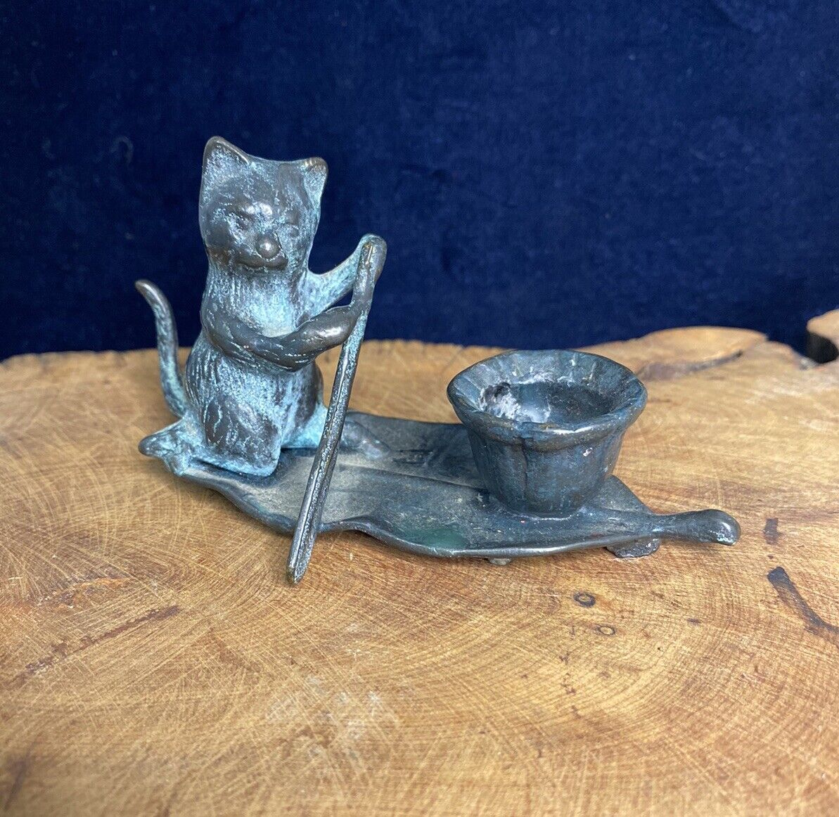Vintage SPI  Brass Candle Holder Cat Paddling On Leaf Boat -Patina-Cabin-Cute