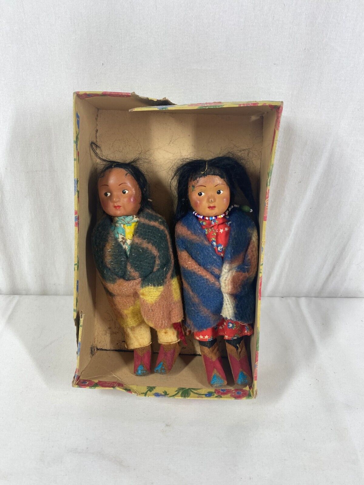 2 Vintage Used Good Skookum 6” Native American Indian Character Doll In Box.