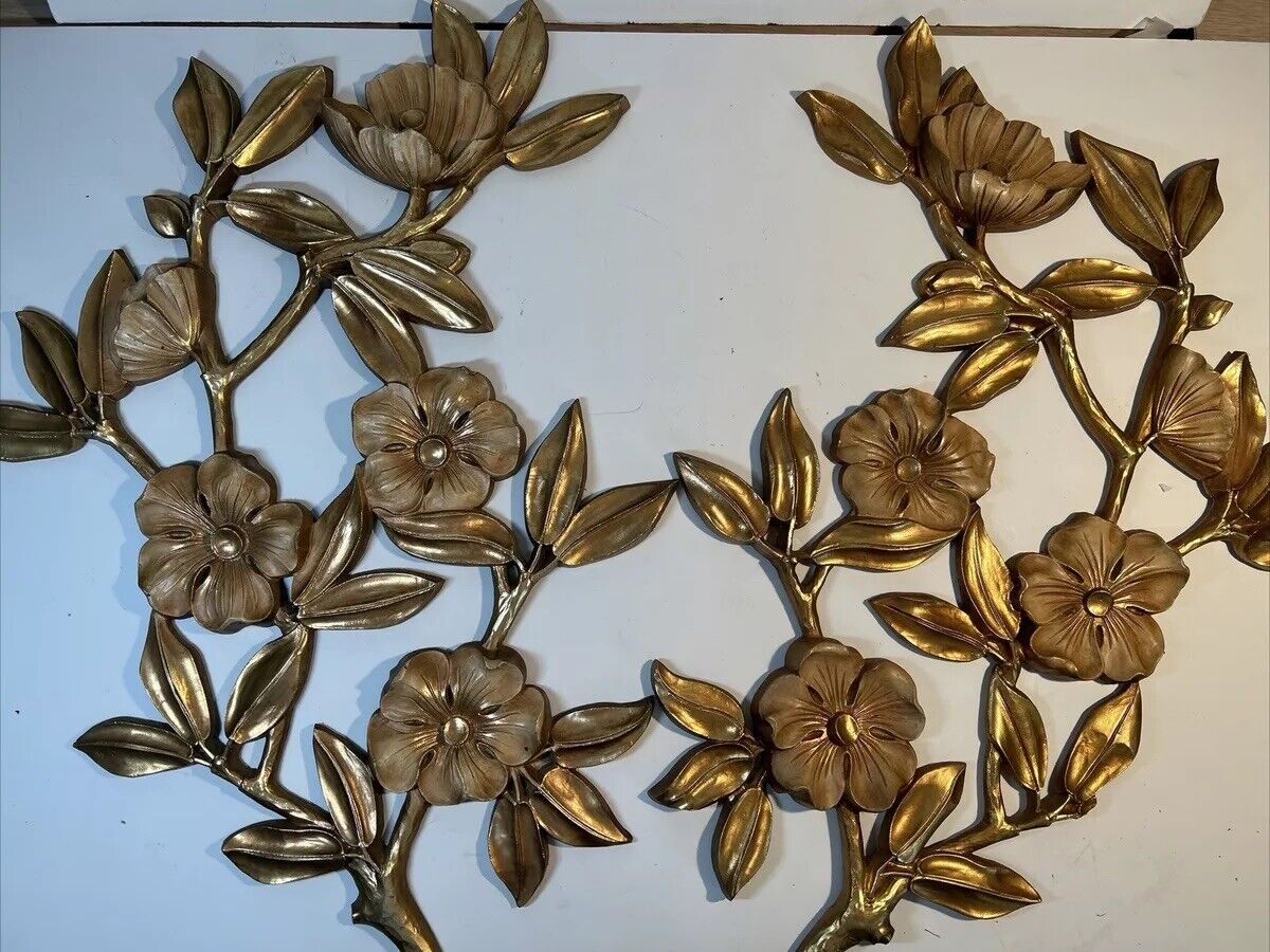 Vintage Pair Syroco Wall Plaque Dogwood Floral Branch Gold 4565/4 Hollywood MCM