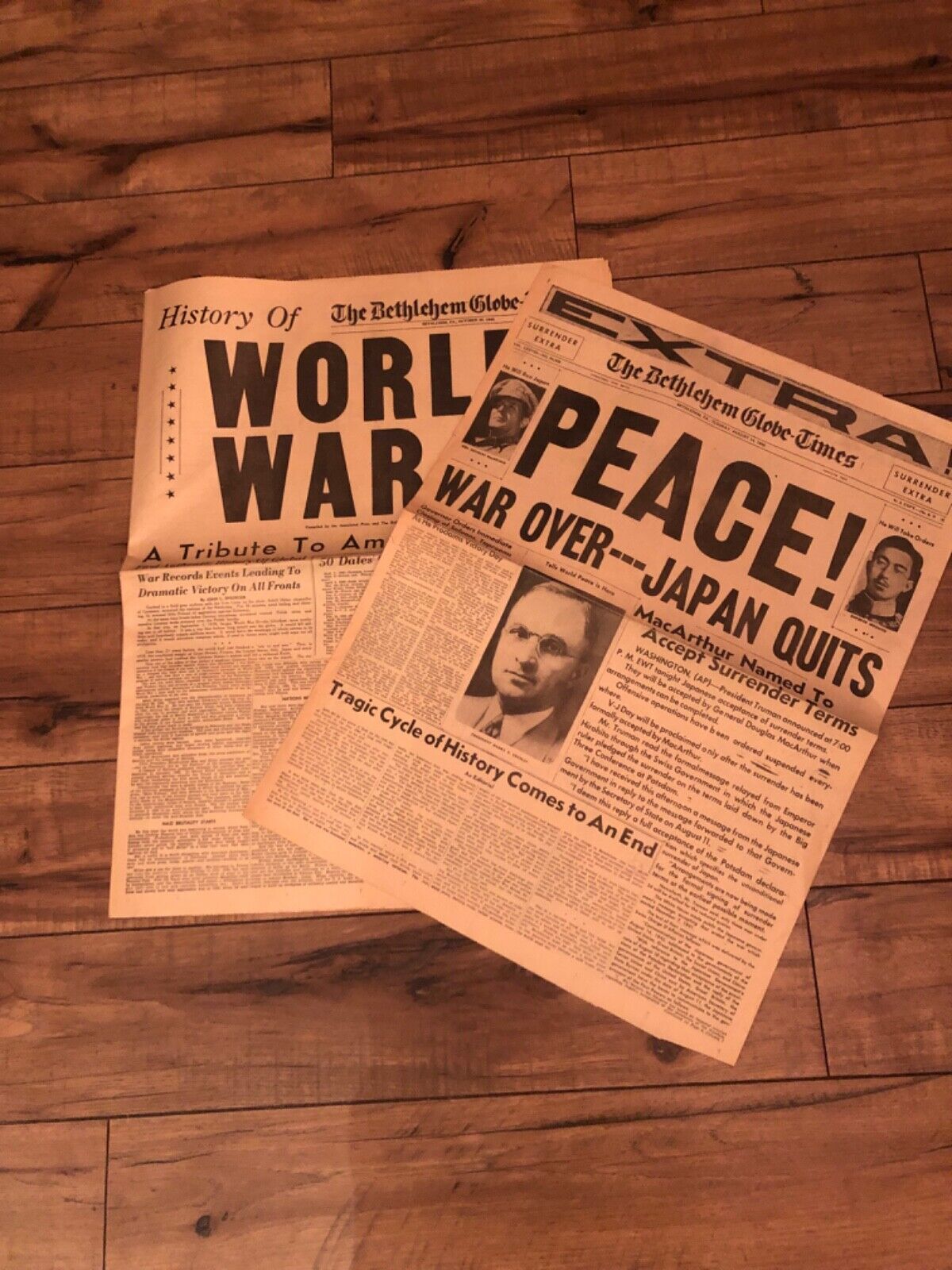 Collectible WWll Bethlehem Globe Newspaper Editions dated  Aug 14 & Oct 20 1945
