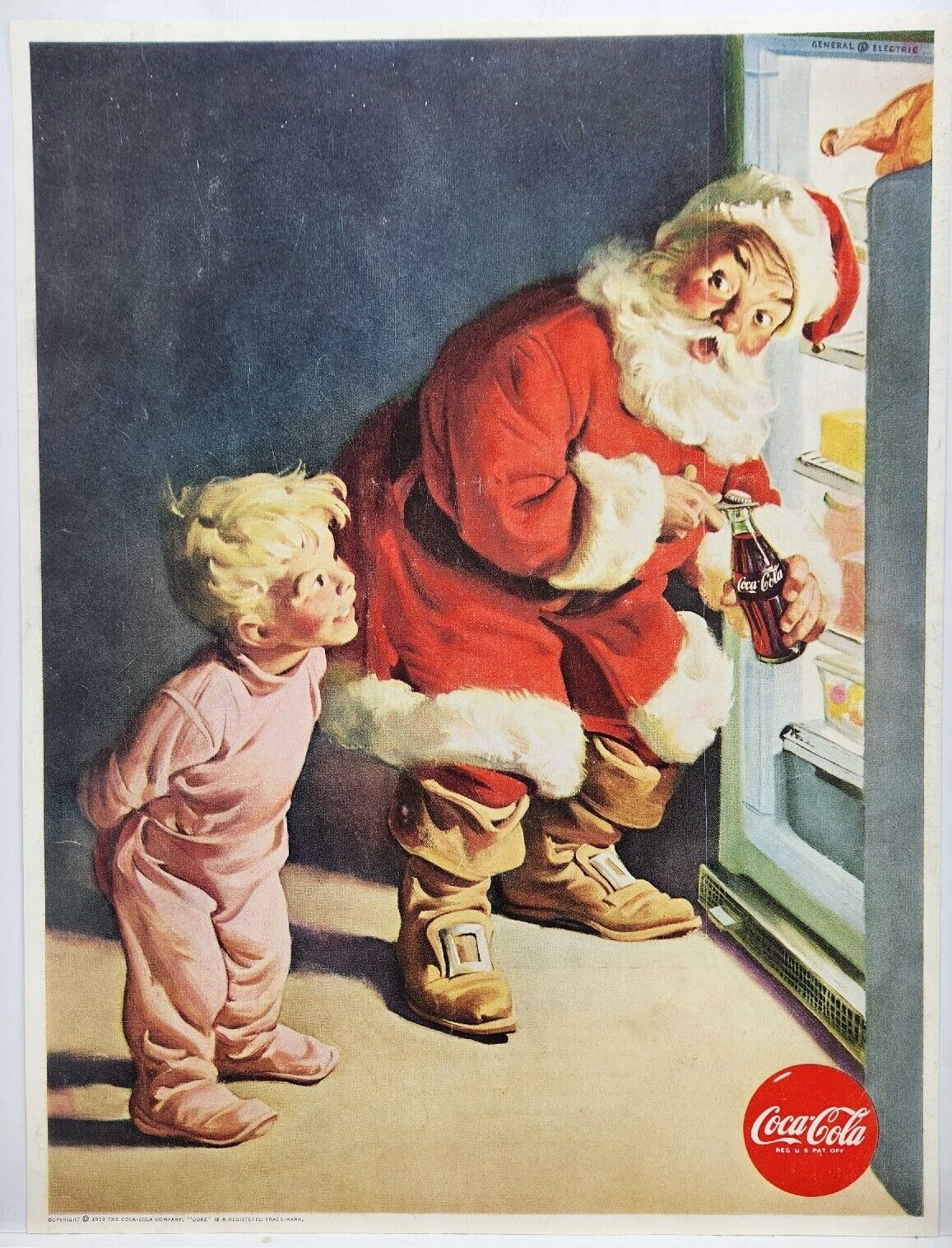 1959 Coca Cola COKE Santa Claus & Boy Looking In Refrigerator Soda Print Ad