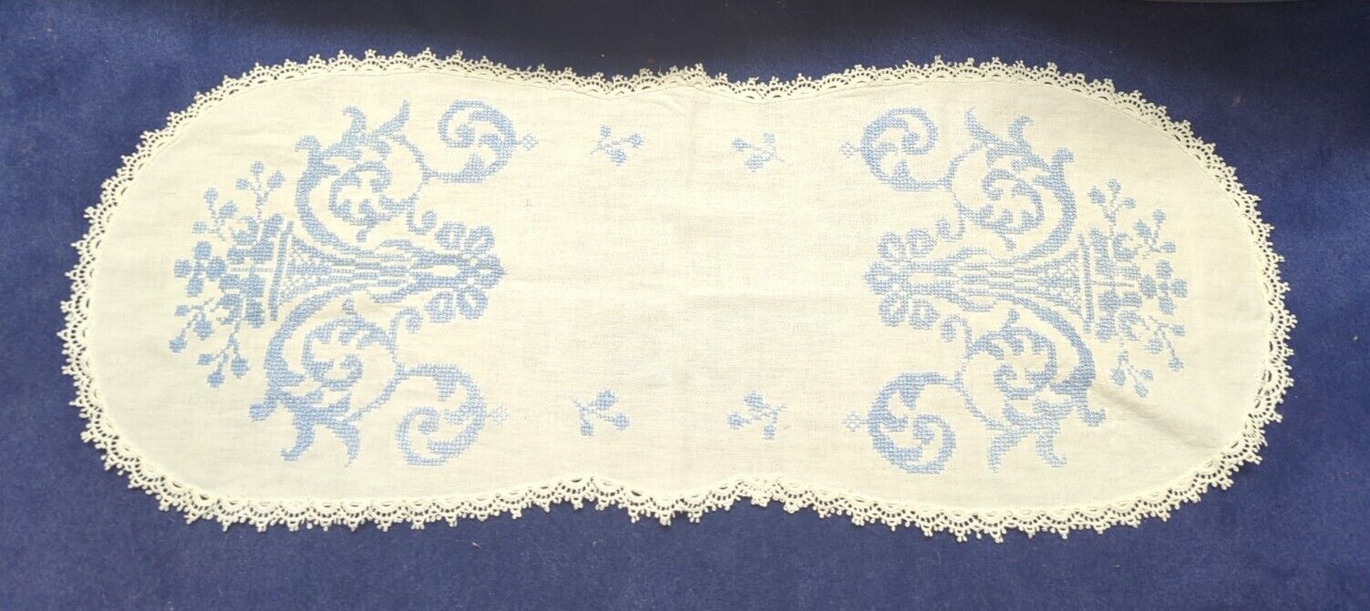 VTG Hand Made Dresser Scarf Corn Flower Blue Crosstitch White Lace 15.5\