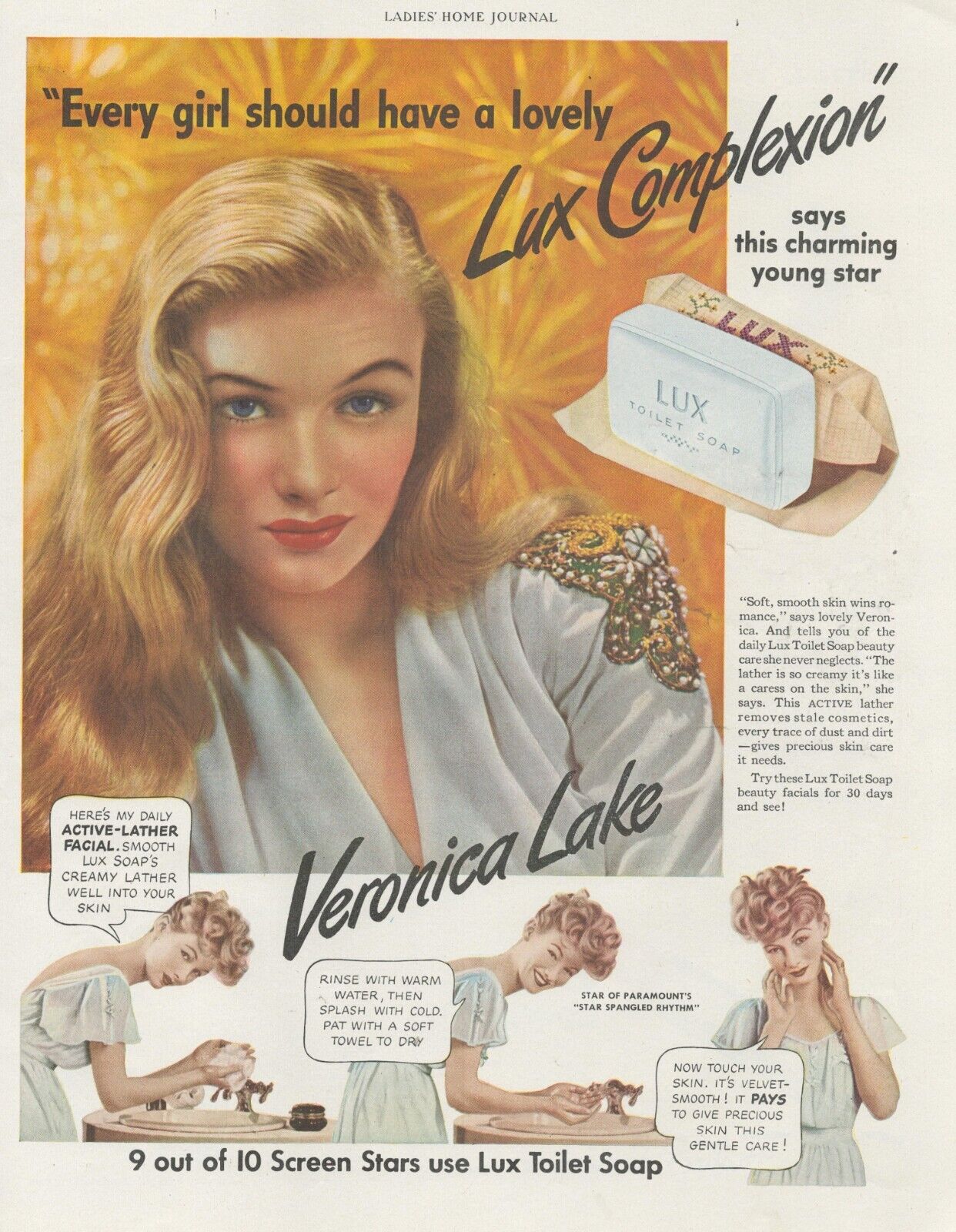 1943 WWII VERONICA LAKE movie star PRINT AD Lux Soap cosmetics soft smooth skin