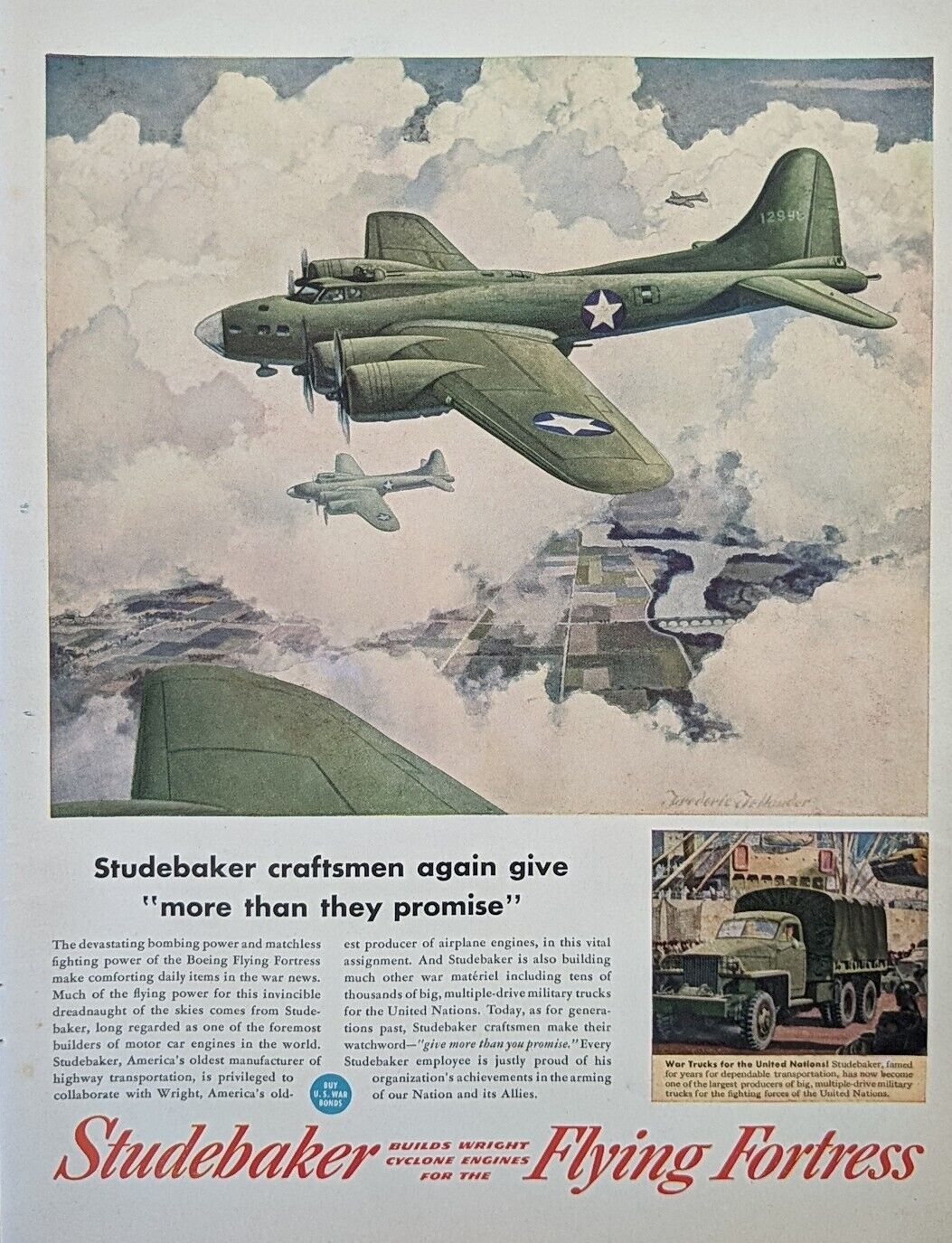 1943 WW2 Studebaker Engine Flying Fortress Print Ad Boeing Airplane 