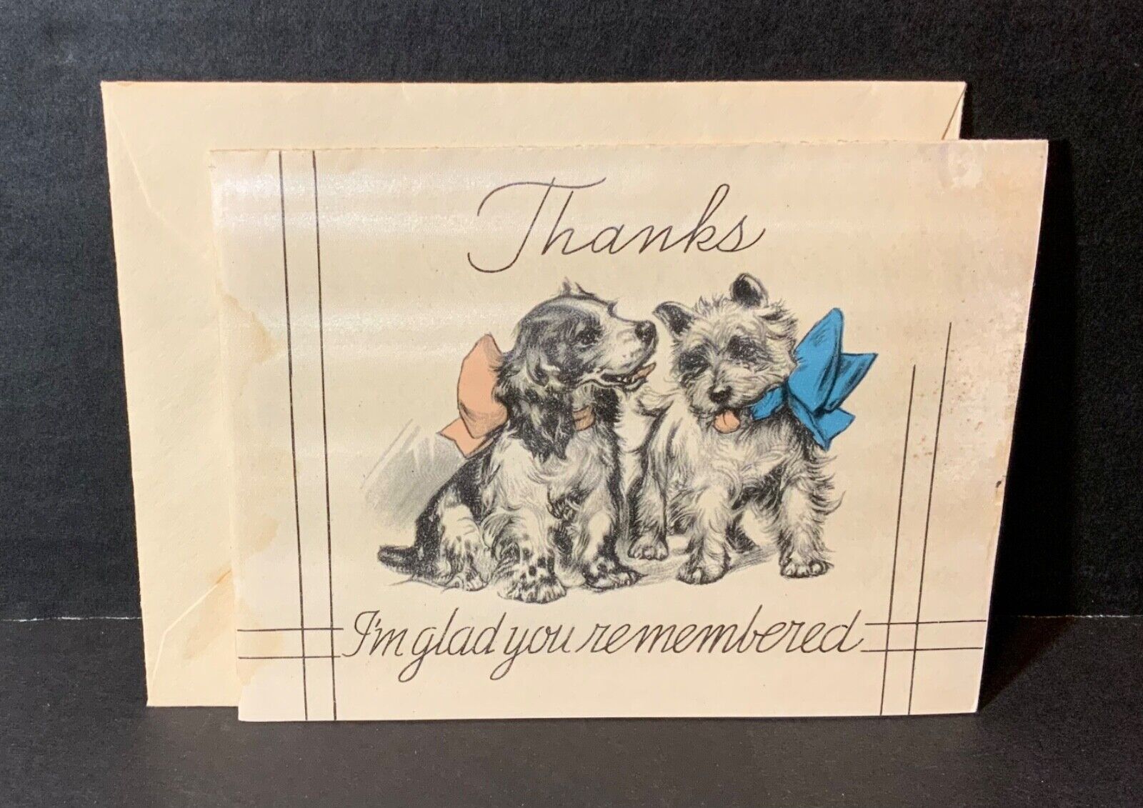 VTG 1936 Card Tunes Thank You Card UNUSED Art Deco 2 Puppy Dogs Full Sheet Music