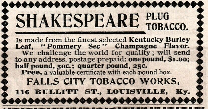 1895 g Shakespeare Tobacco Falls City Louisville KY Print Ad 
