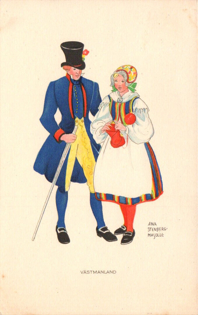 C 1939 PC SWEDISH COUPLE NATIVE COSTUME WOMAN KNITS A/S AINA STENBERG-MASOLLE