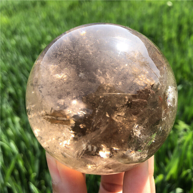 460g Top Natural Smoky Quartz Sphere Carved Crystal Ball Reiki Healing.XQ2678