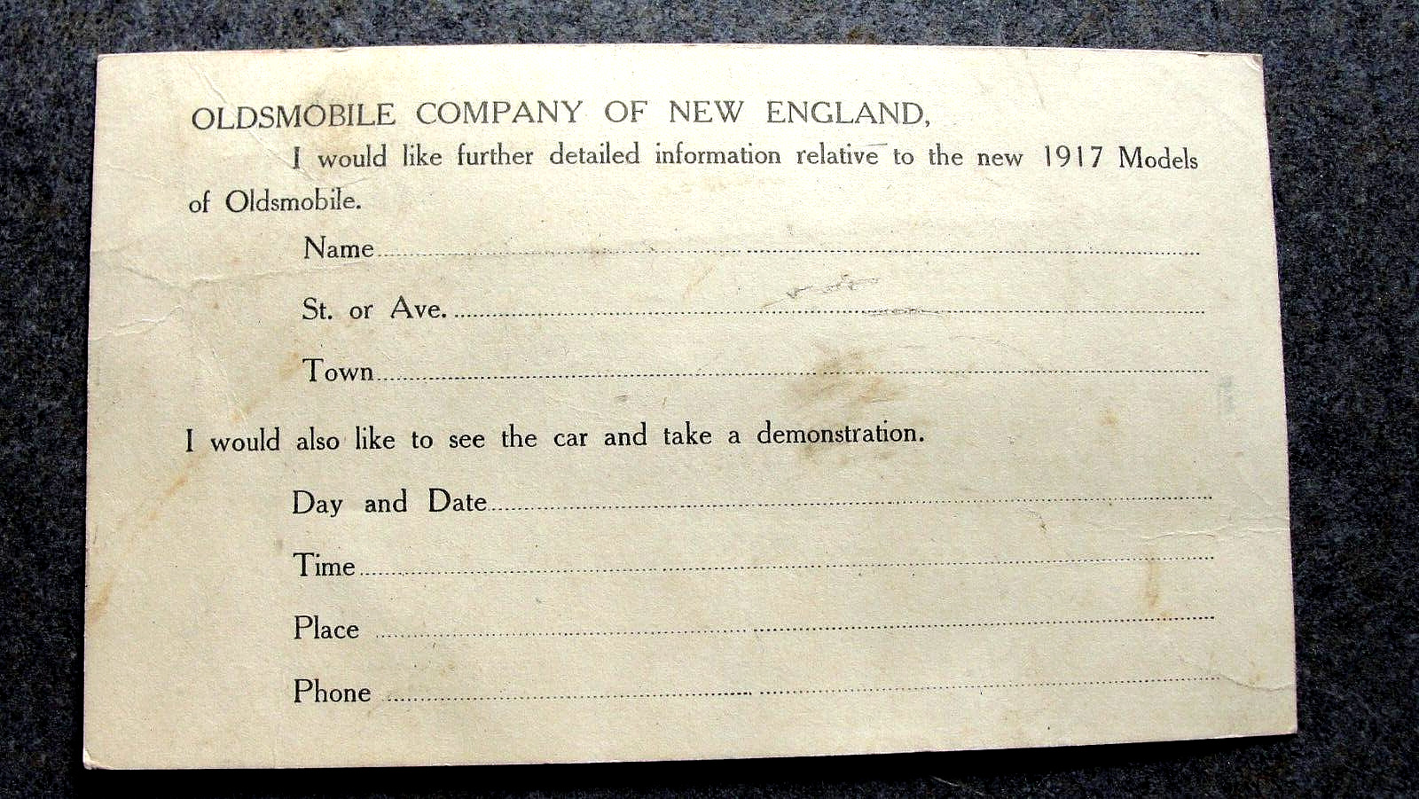 1917 OLDSMOBILE TEST DRIVE REQUEST, INFORMATION POSTCARD, BOSTON, NOS      T