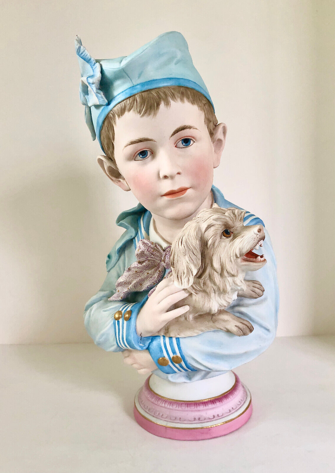  Antique Scheibe Bisque Bust, Boy with Terrier Dog, German 