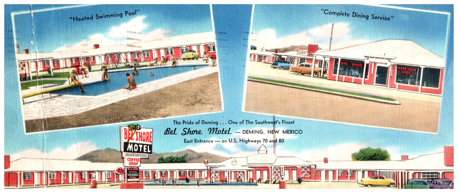 Deming New Mexico Bel Shore Motel & Cafe Coffee Shop Vtg NM Advertising Postcard