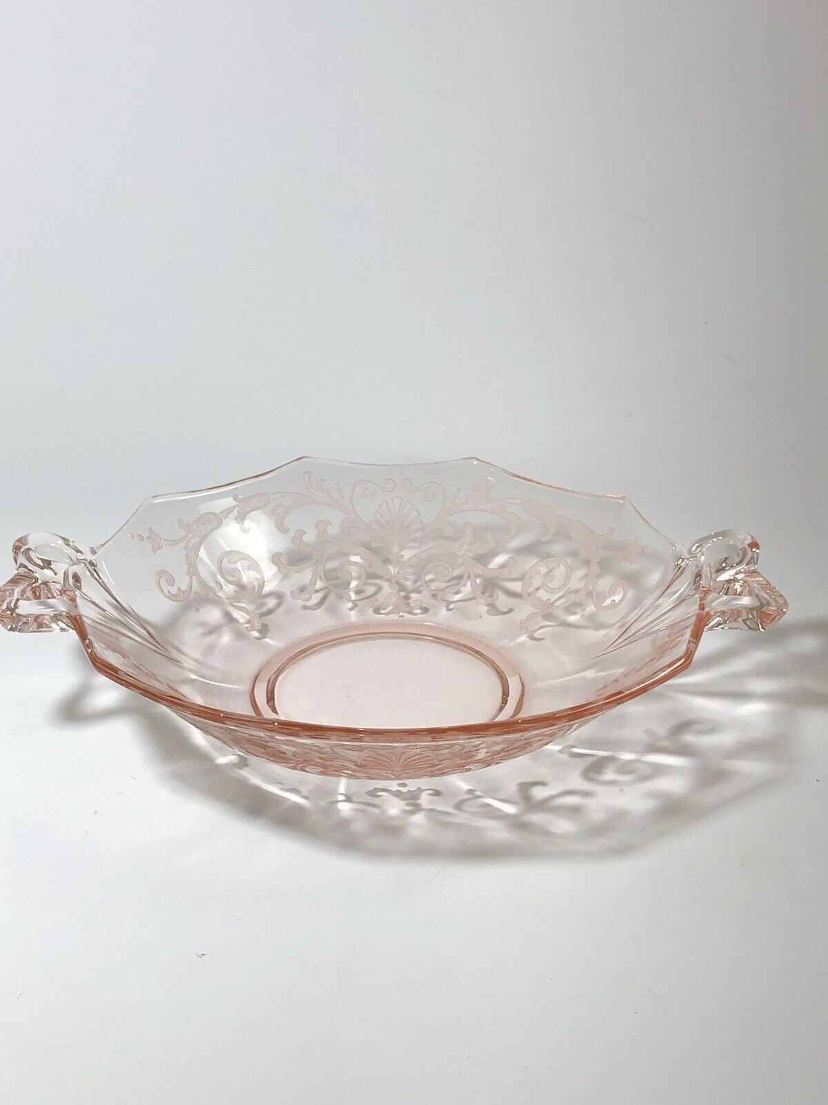 FOSTORIA Depression Pink GLASS 7 3/8” BOW-HANDLED Dessert Serving Bowl