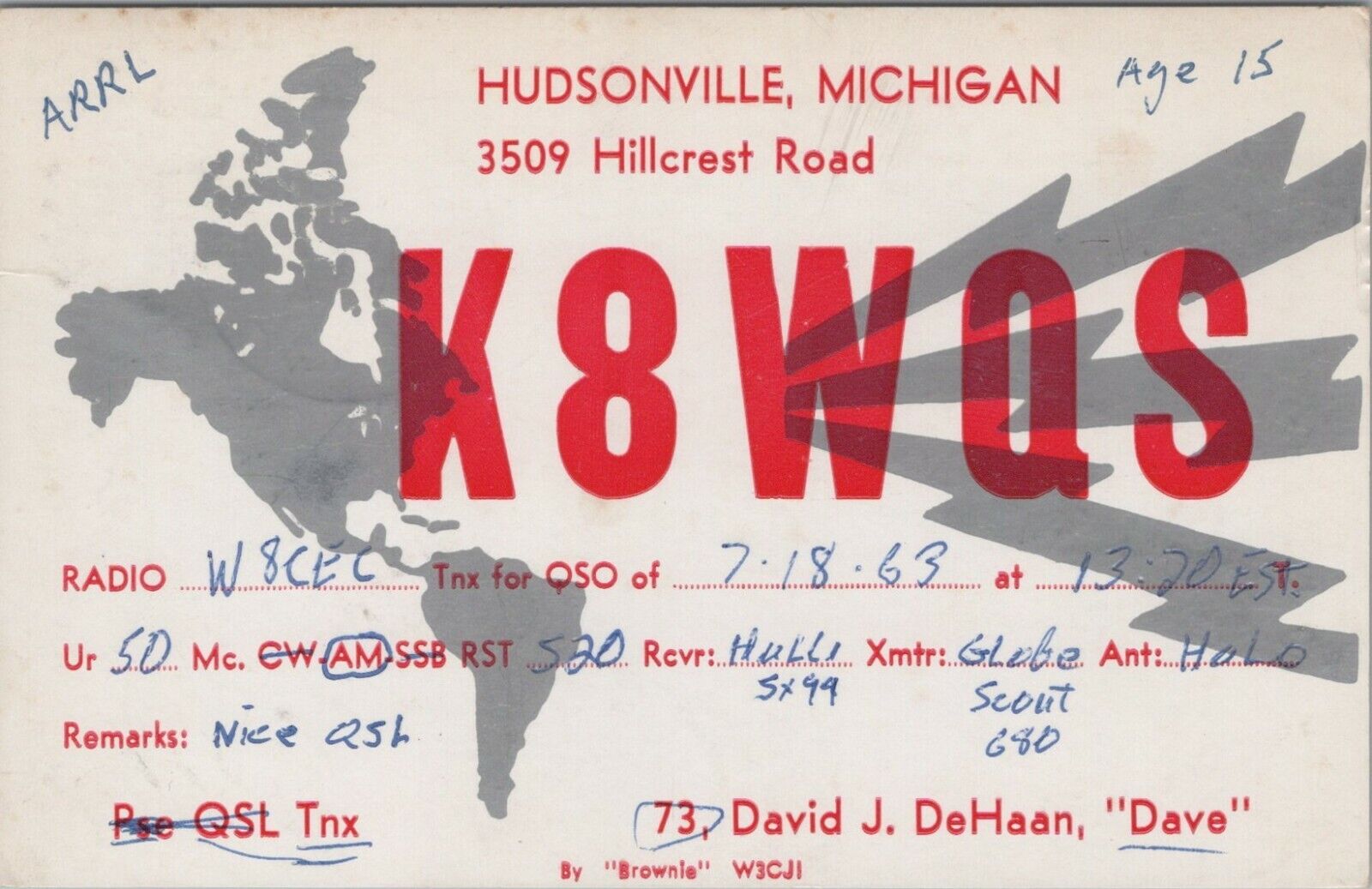 amateur ham radio QSL postcard K8WQS David J. DeHaan 1963 Hudsonville Michigan