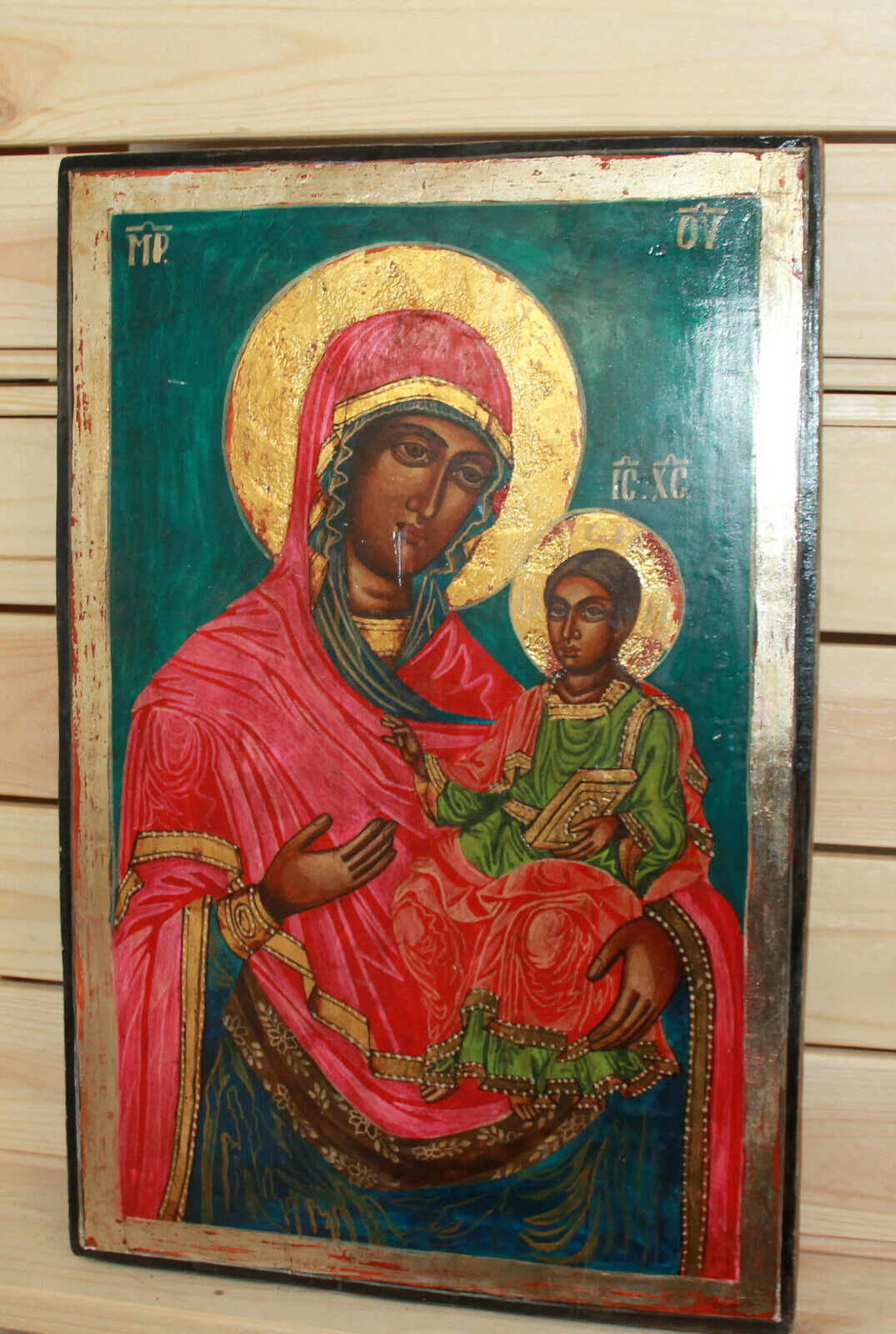 Vintage religious hand painted icon Jesus Christ Child Virgin Mary