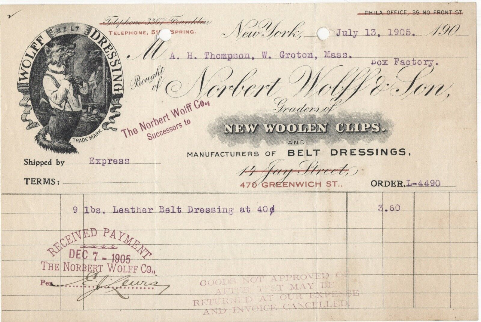 1905 NORBERT WOLFF CO WOOLEN CLIPS BELT LEATHER DRESSING BILL HEAD MANHATTAN NYC