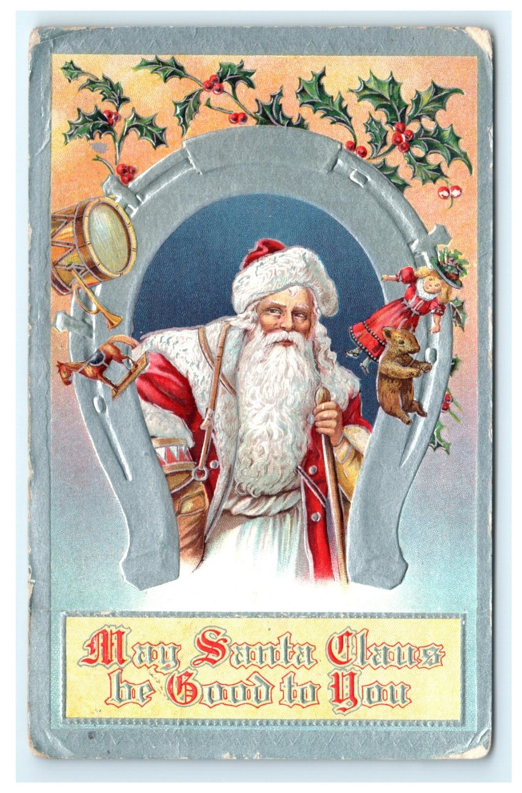 1911 Warwick NY, New York Santa Claus Christmas Embossed Toys horseshoe Postcard