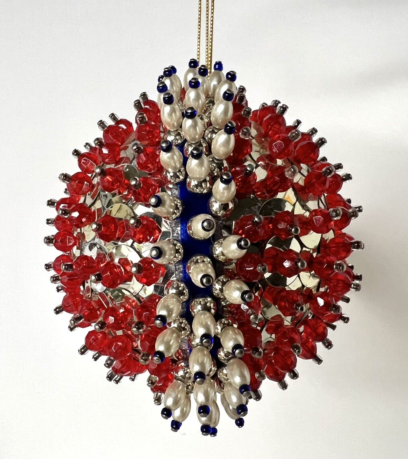 Push Pin Red Pearl & Blue Beaded Sputnik Sequin Ornament Handmade Mid Century 4”