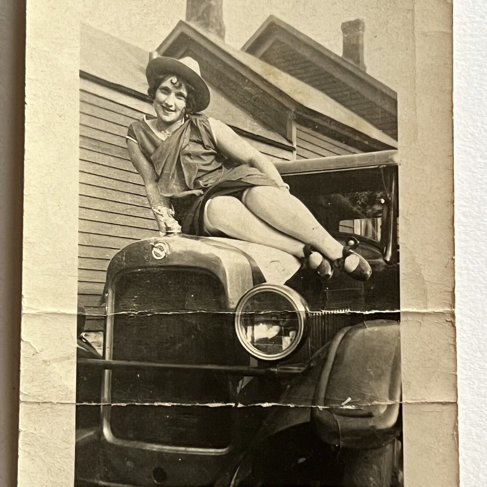 Vintage B&W Snapshot Photograph Beautiful Young Woman On Ford Hood Rochester NY