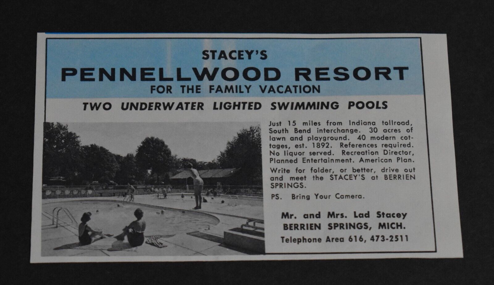 1968 Print Ad Michigan Berrien Springs Stacey\'s Pennellwood Resort Swimming Pool