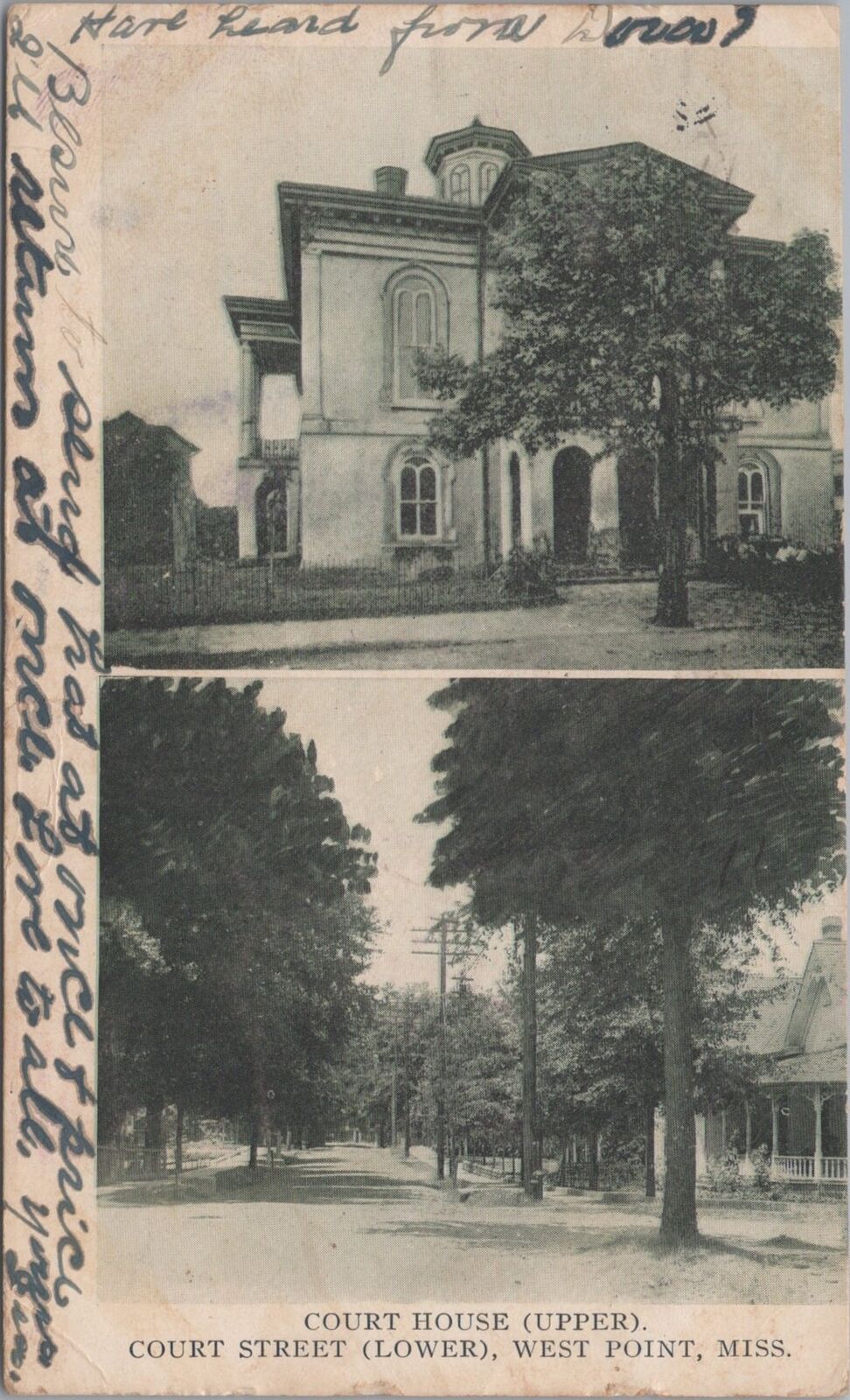 Court House and Court Street, West Point Mississippi 1909 Postcard