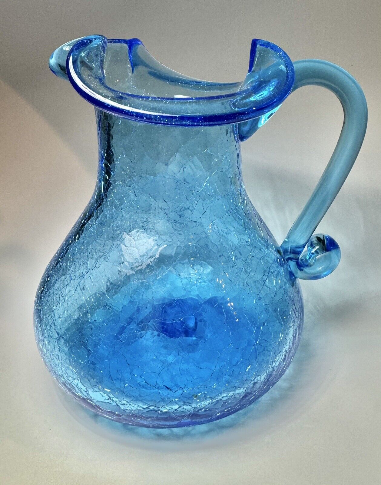 Vintage Turquoise Hand Blown Blenko Crackle Glass Small Pitcher/Vase