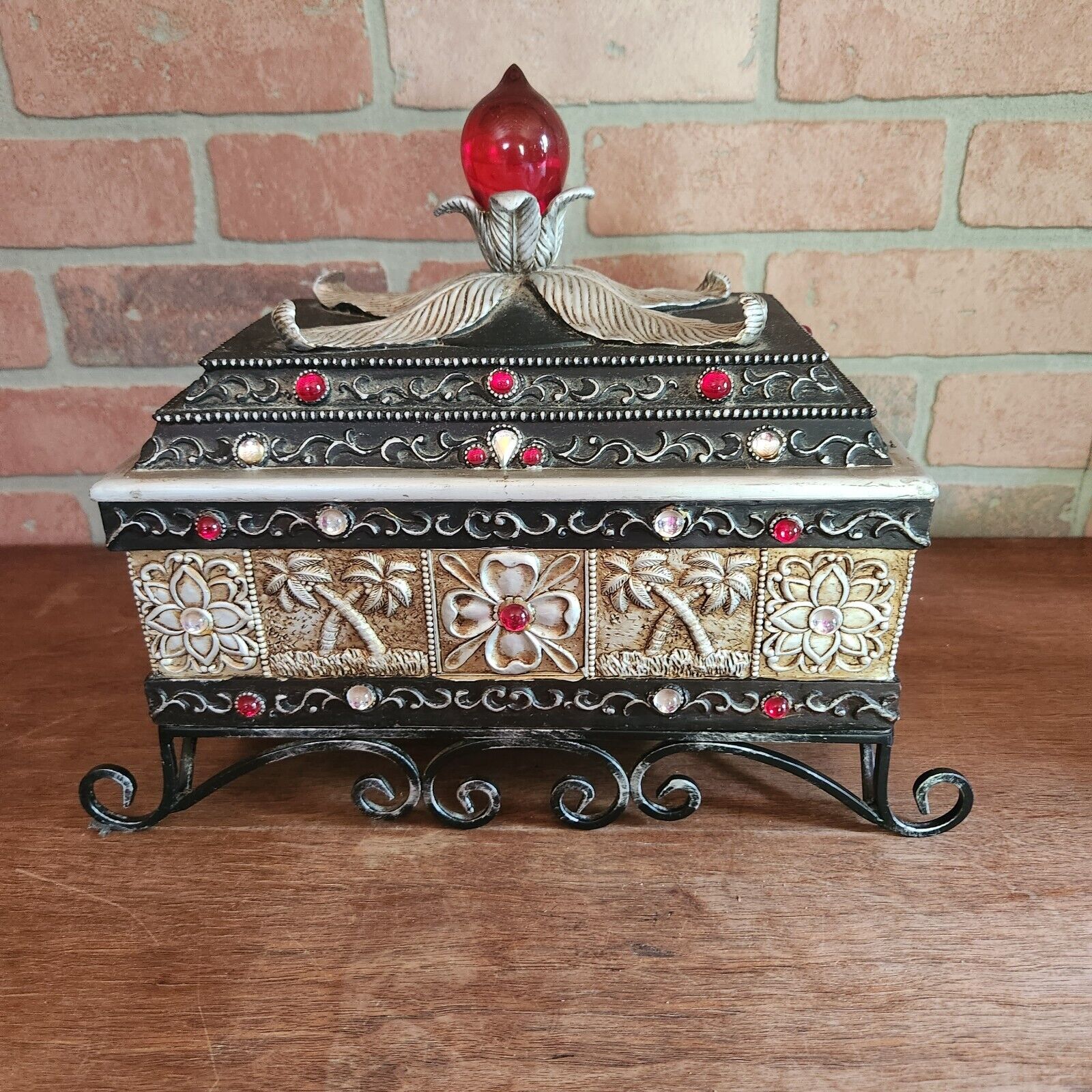 Lg Witchy Mystical Box Keepsake Stones Black Red Ornate Scroll Jewelry