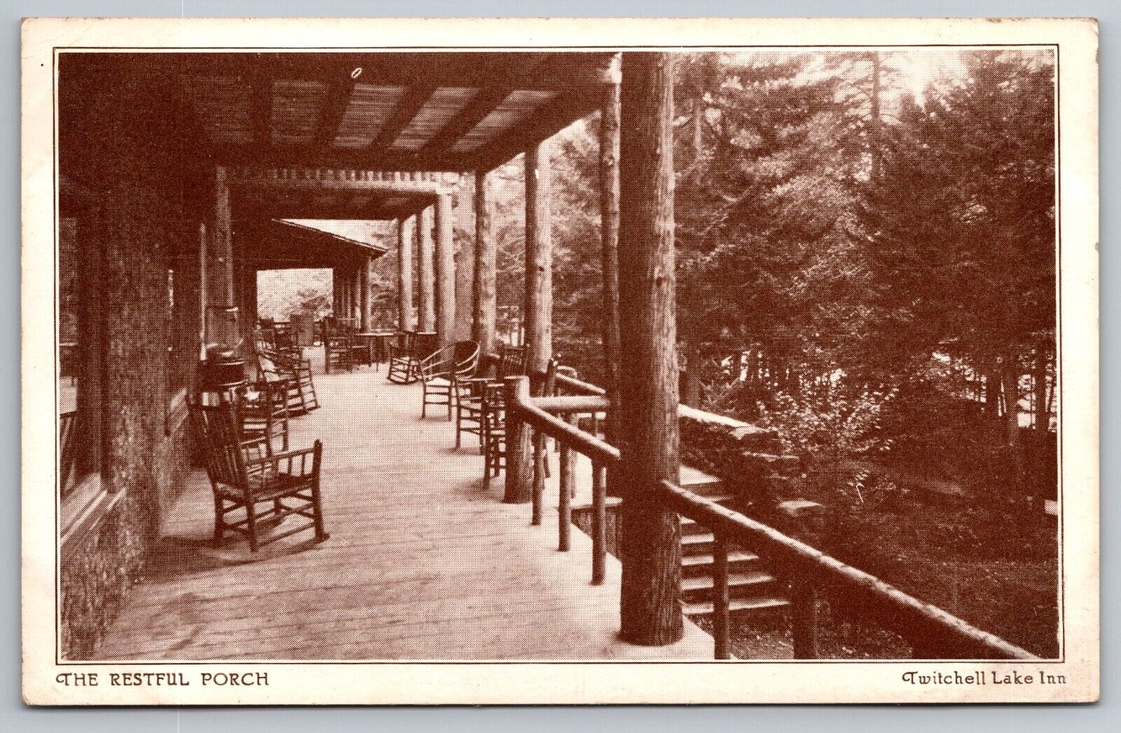 The Restful Porch. Twitchell Lake Inn. Big Moose New York Vintage Postcard