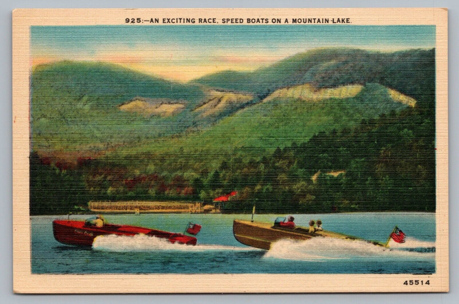Speedboats Racing On A Mountain Lake  Speed Boats Flag Race Postcard Vintage D4