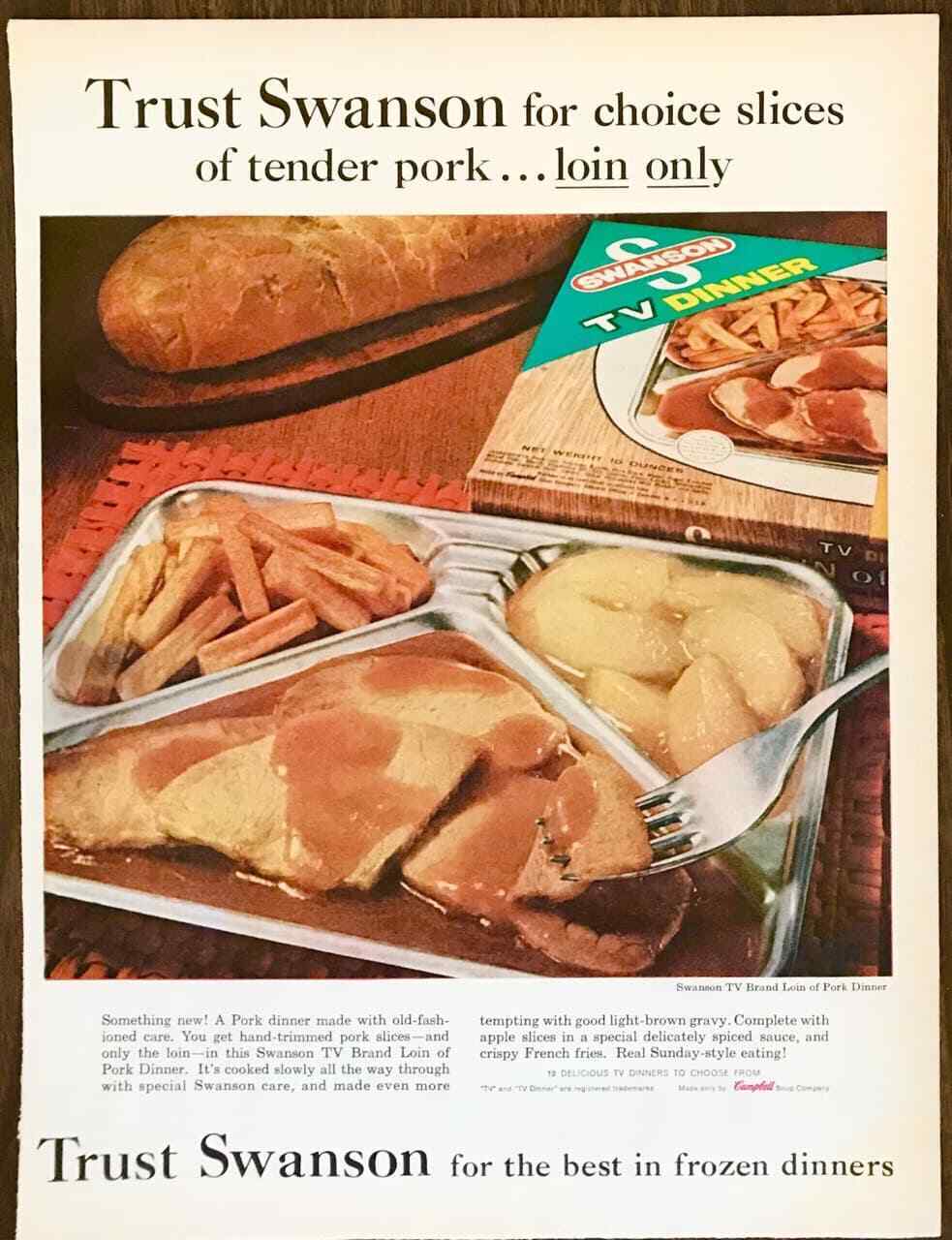 1961 Swanson TV Dinners PRINT AD Tender Slices of Pork Loin Fries Apple Compote