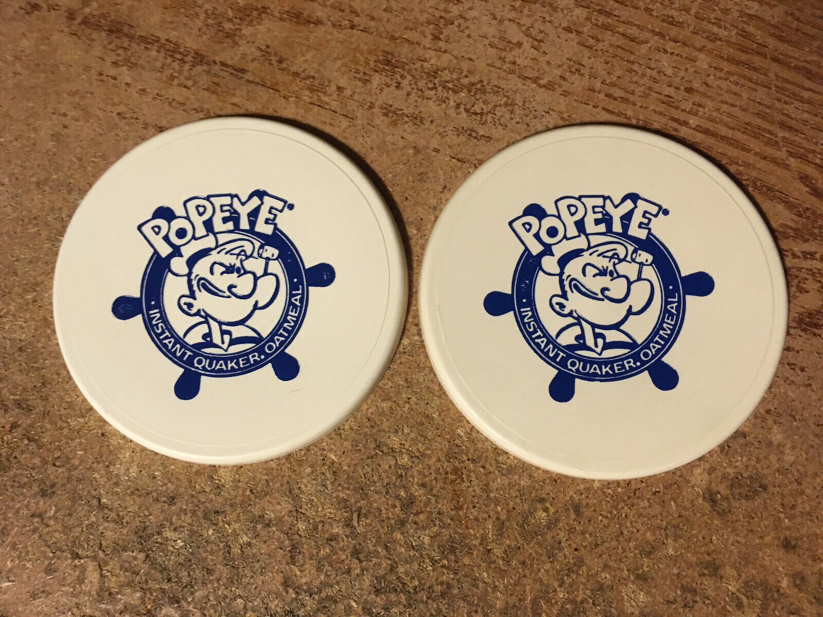 2X VINTAGE QUAKER OATS POPEYE WANTS A QUAKER 1990 CEREAL BOWL LID / WRONGWAY052