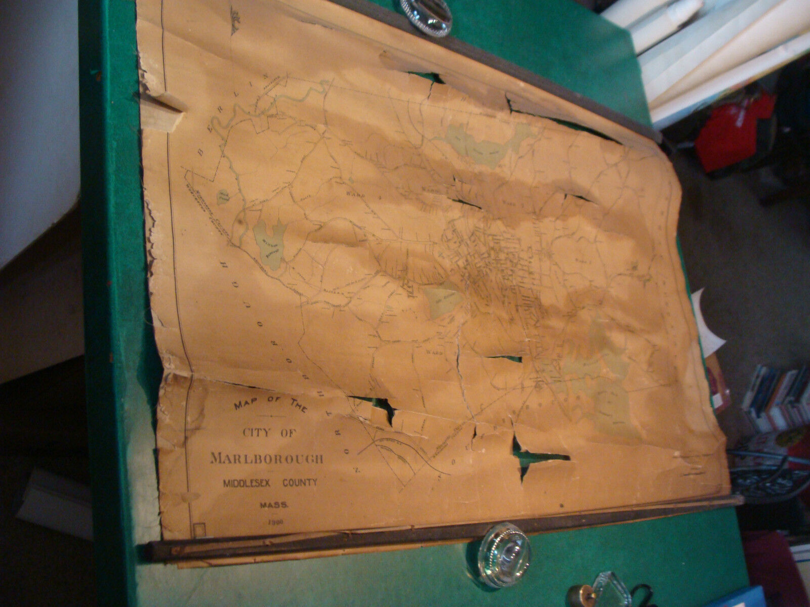 original vintage MARLBOROUGH Middlesex County Mass. 1900 pull down map  POOR 