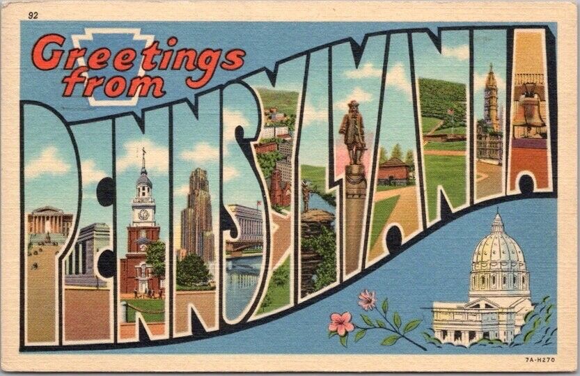 Vintage PENNSYLVANIA Large Letter Postcard State Capitol / Curteich Linen 1953