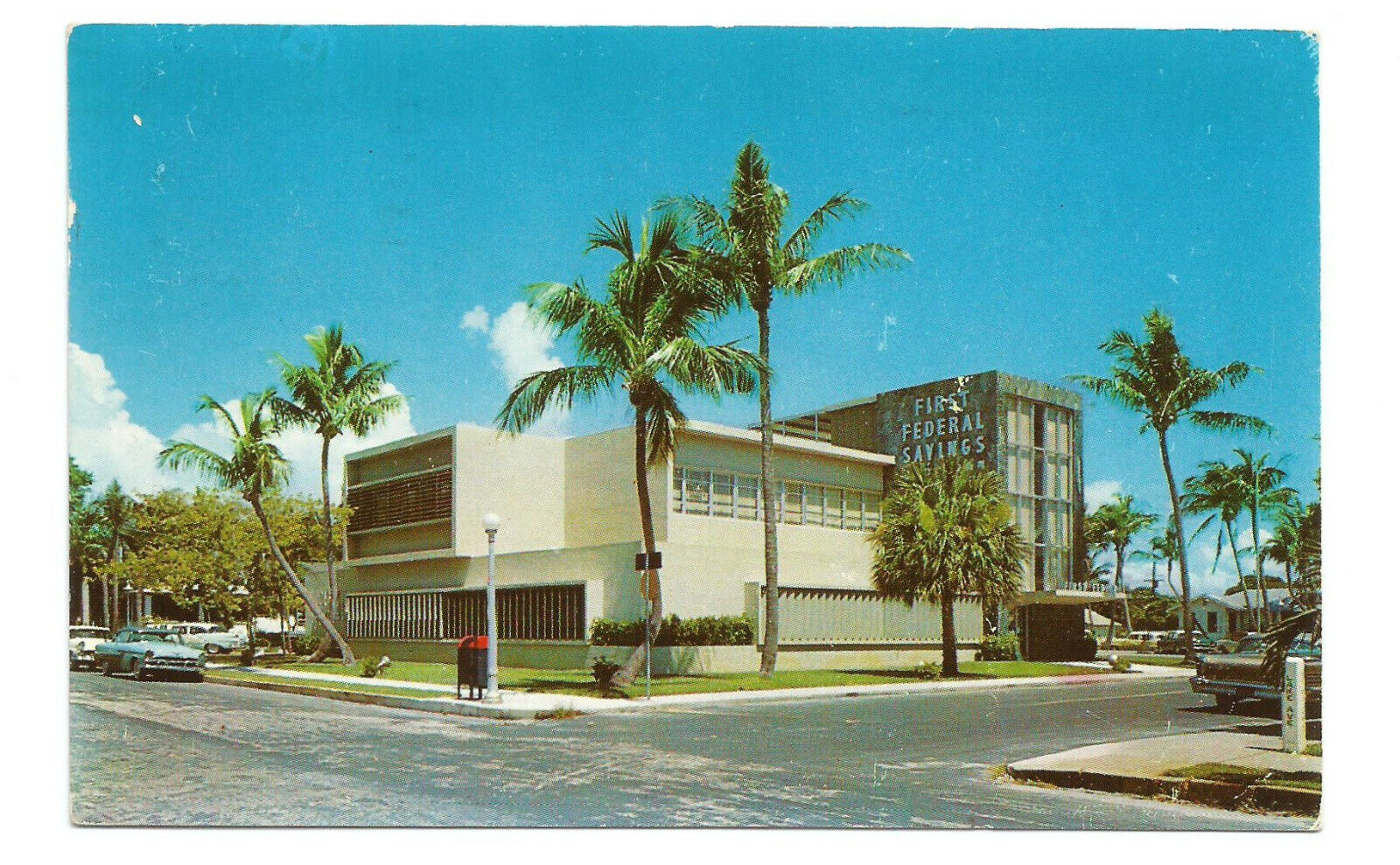 Lake Worth FL Postcard Florida First Federal Savings Lake Ave Palmway c1950s