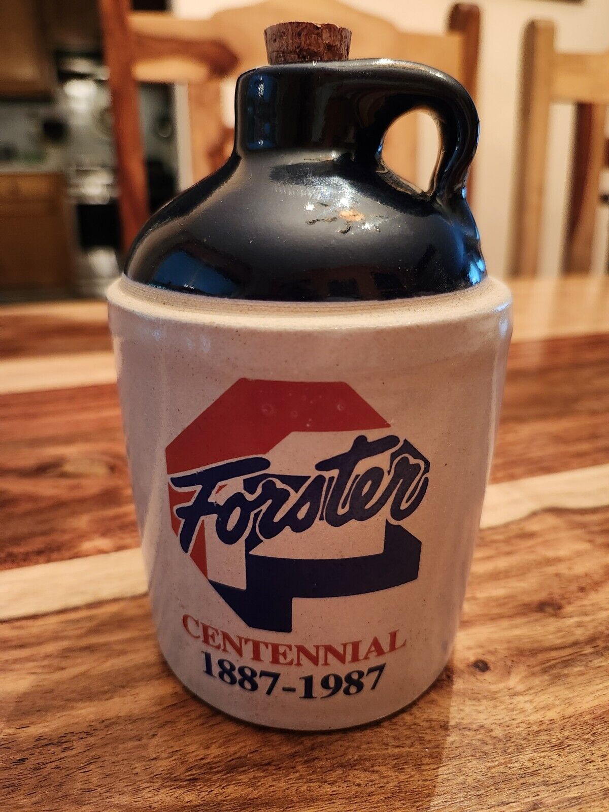 Forster Centennial 1887-1987, Crock Jug, Blue/Beige/Red, Cork Stopper, Vintage