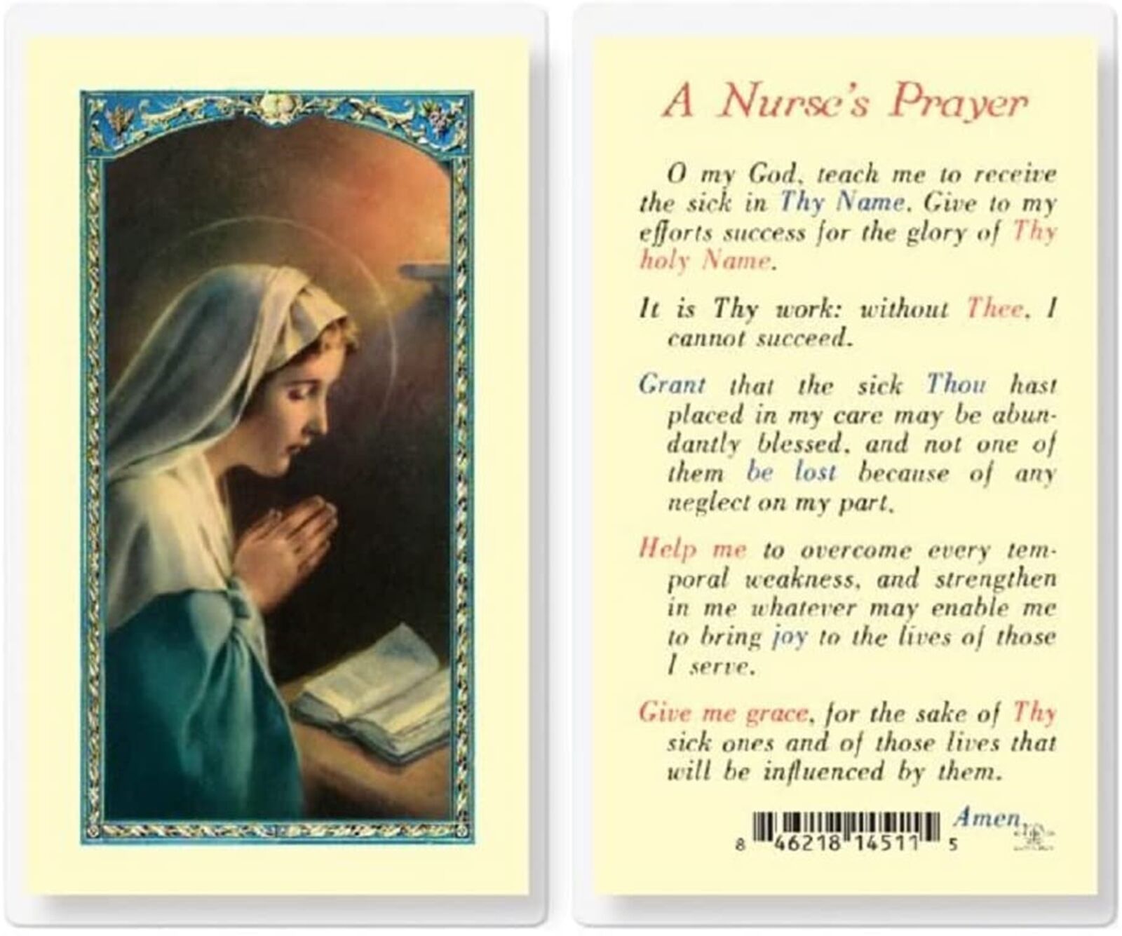 A Nurse\'s Prayer Laminated Holy Prayer Card Catholic