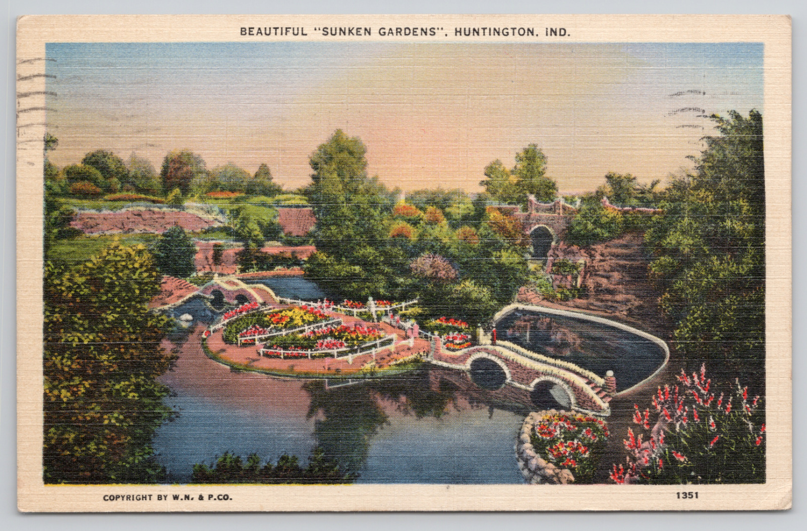 Huntington Indiana Sunken Gardens Posted 1939 Linen Postcard