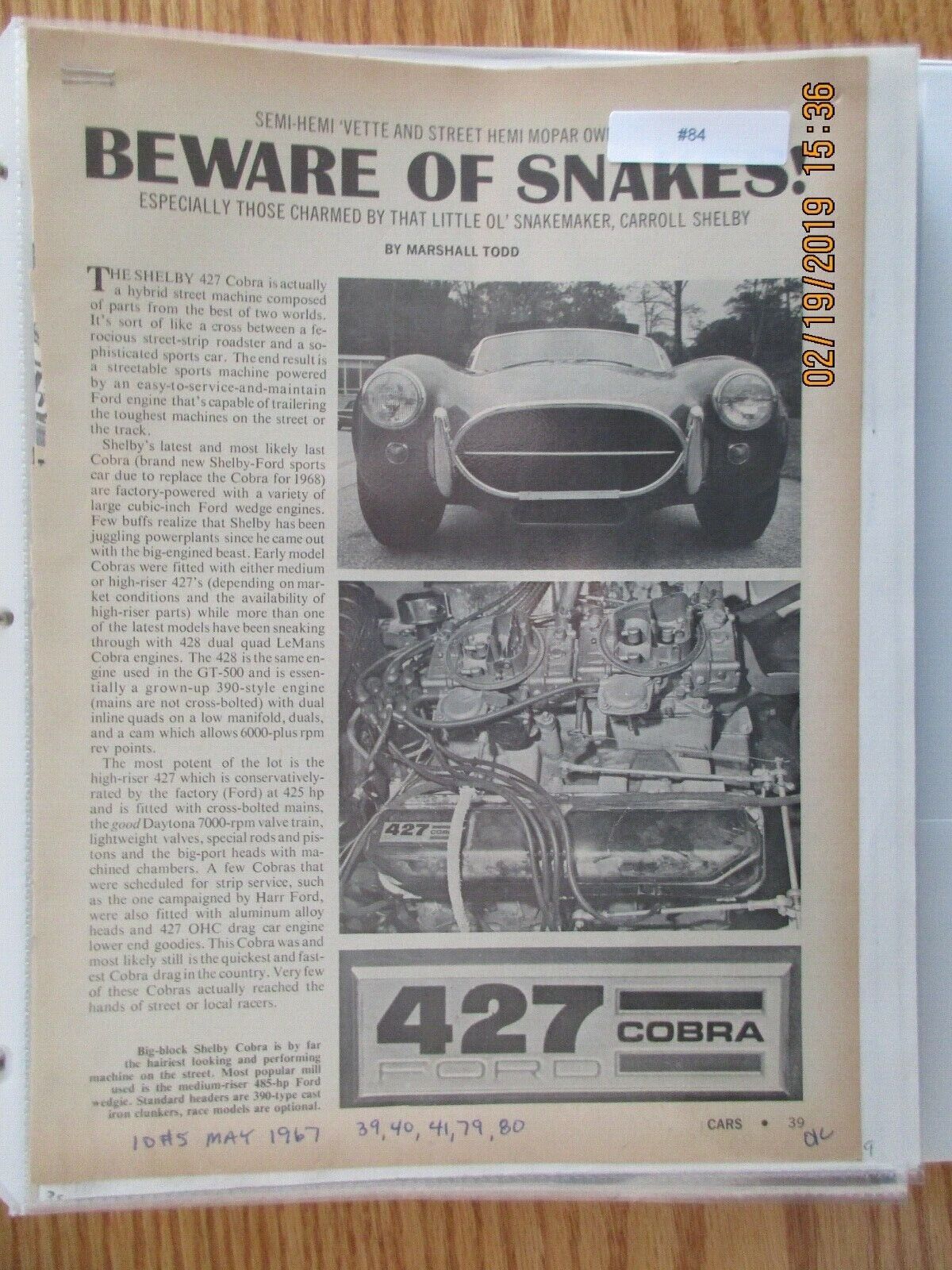 CobraArt#84 Article Beware Of Snakes COBRA 427 May 1967 5 page