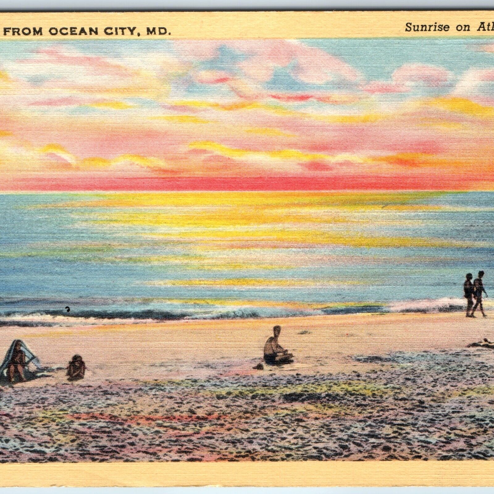 1938 Ocean City, MD Greetings Sunrise Atlantic Ocean Beach Teich Postcard A244