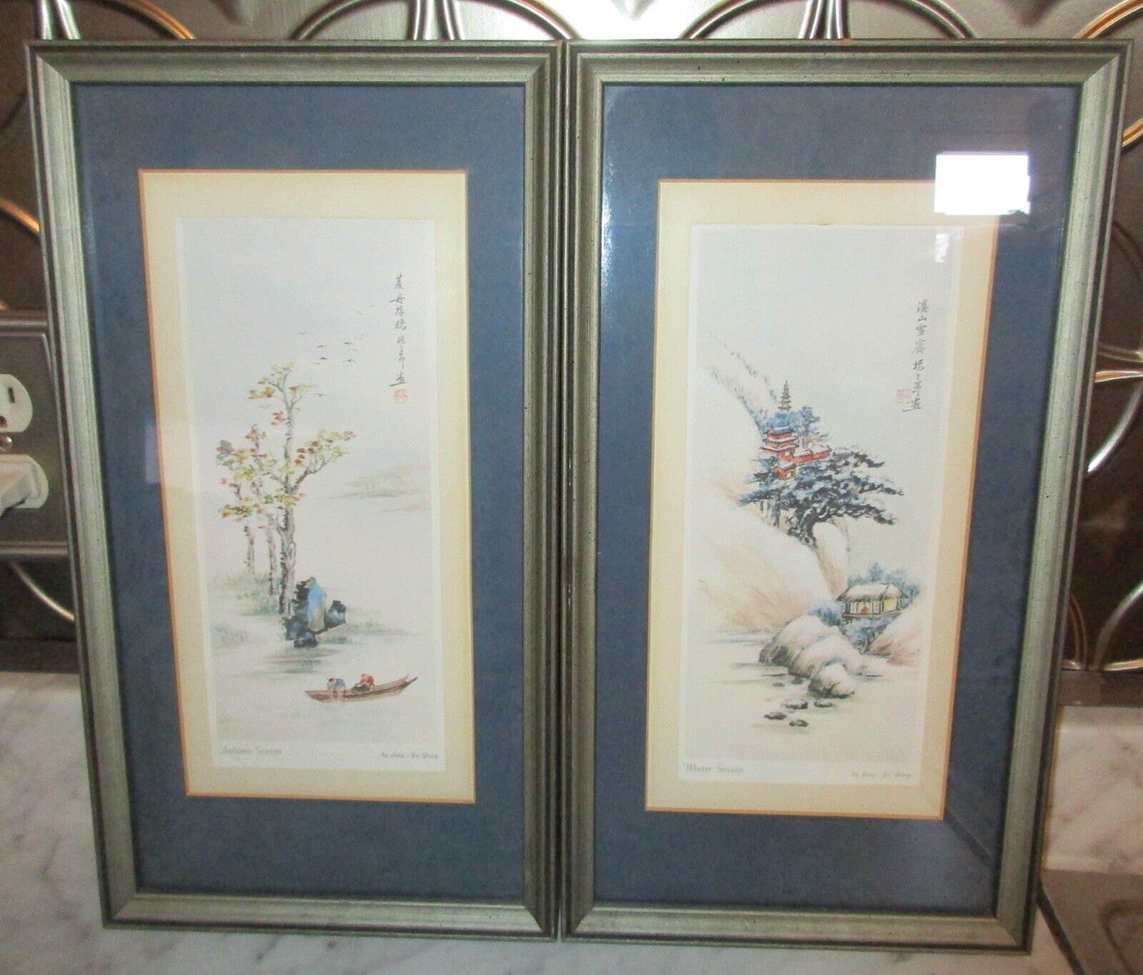2 Vintage Ling-Fu Yang Framed Japanese Prints - Autumn & Winter