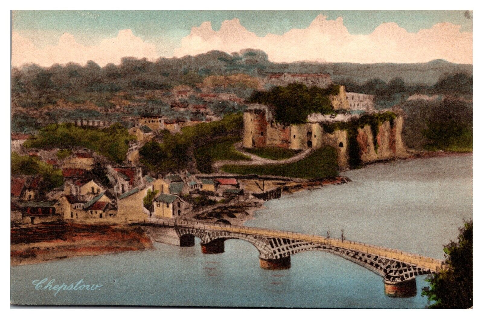 ANTQ Town Scene, Castle, Bridge, Chepstow, England, Postcard