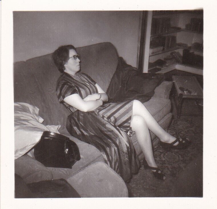 Vintage c1958 Snapshot Photo Lady On Sofa Striped Dress Heels Glasses Fashion