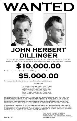 John Dillinger FBI Wanted Poster 11X17  - 1934