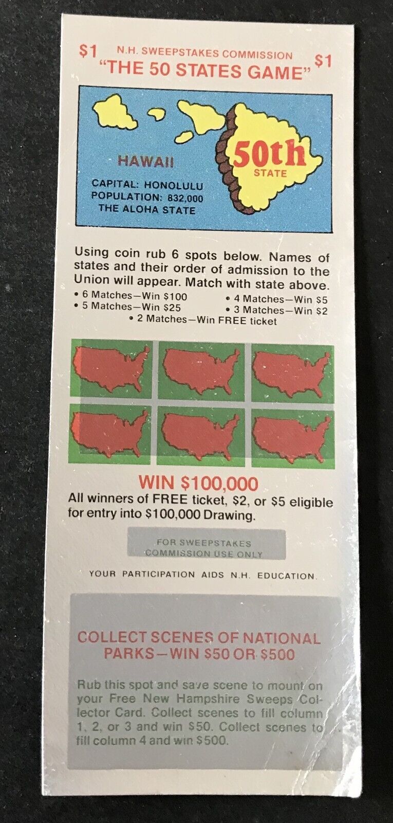 Hawaii  SV Instant NH Lottery Ticket,  issued in 1977 no cash value