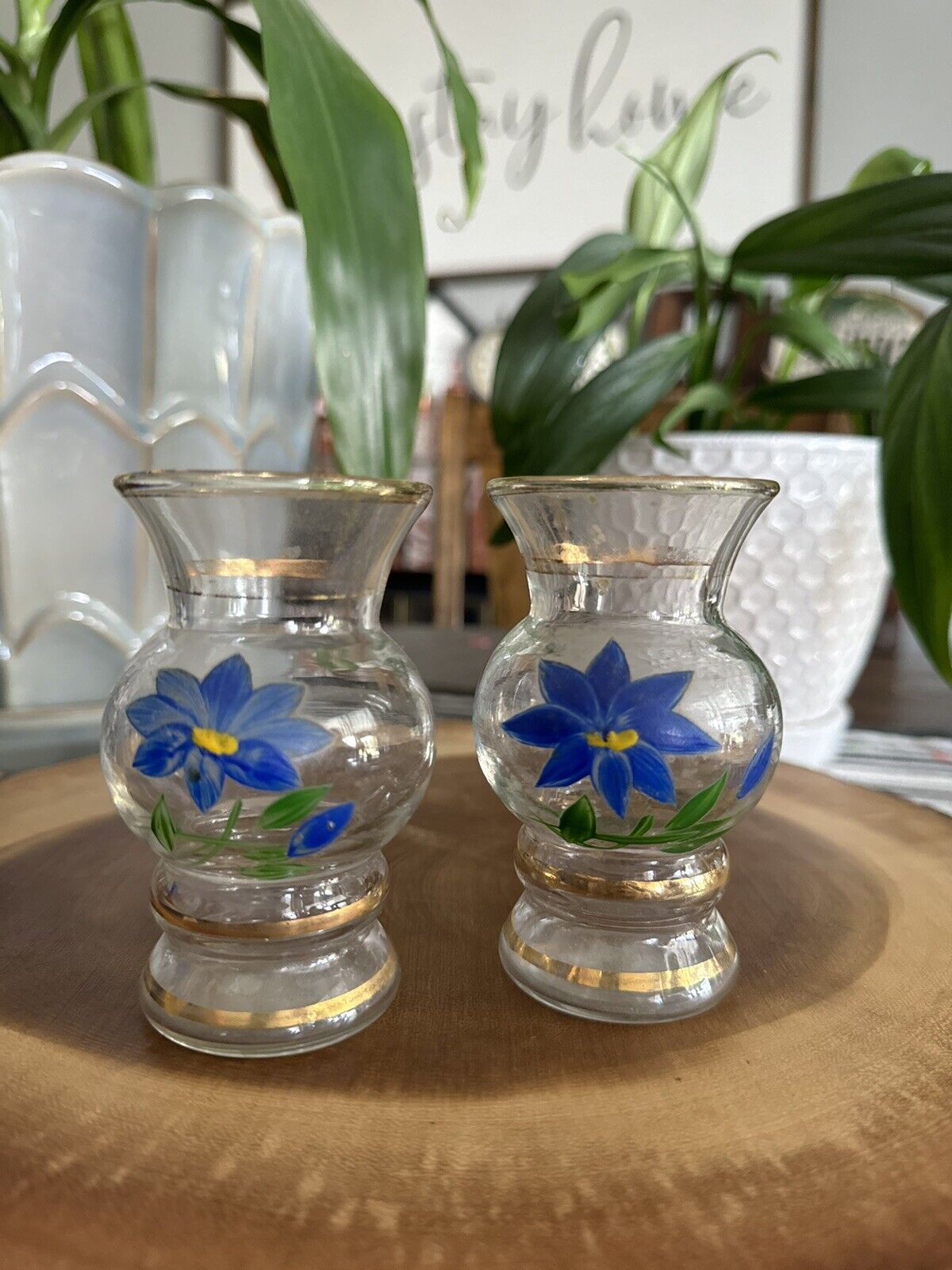 Pair Of Vintage Bartlett Miniature Vases, Gold Trimmed, Blue Floral