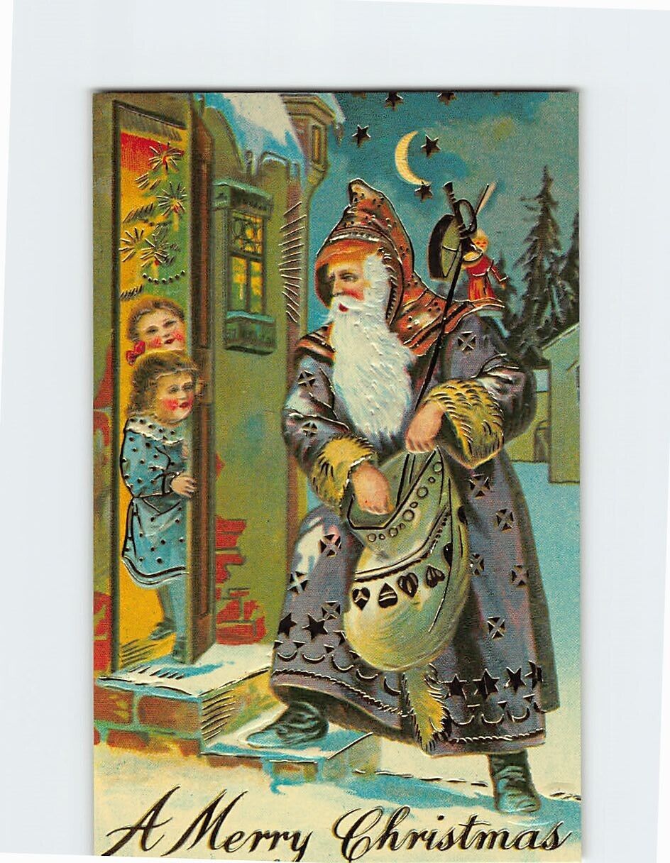 Postcard Santa Claus Giving Presents to Children A Merry Christmas Embossed Card