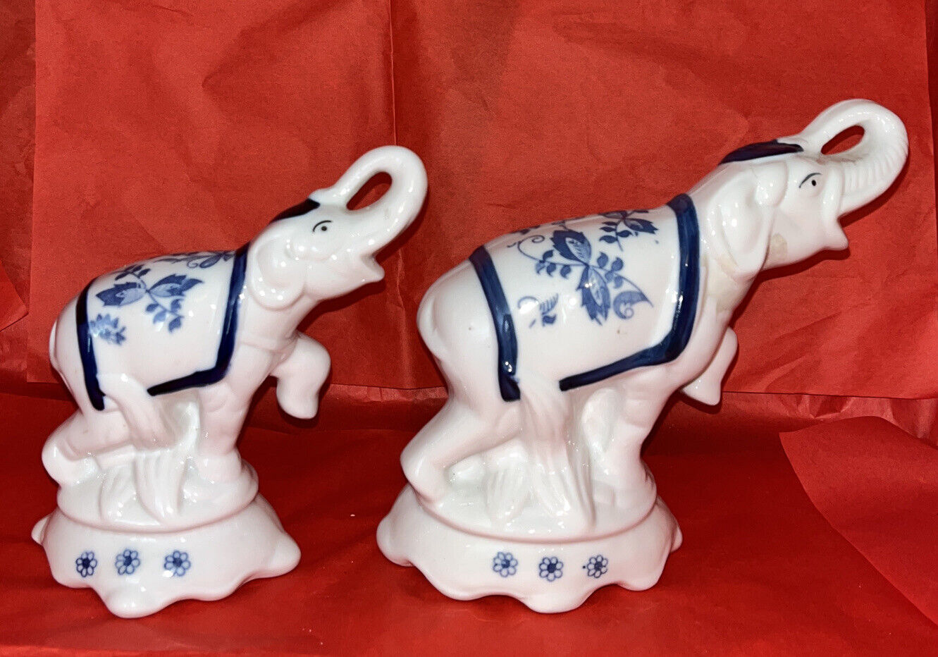 2 Vintage Porcelain Elephant Statues Blue White Elephant Family Figurines.