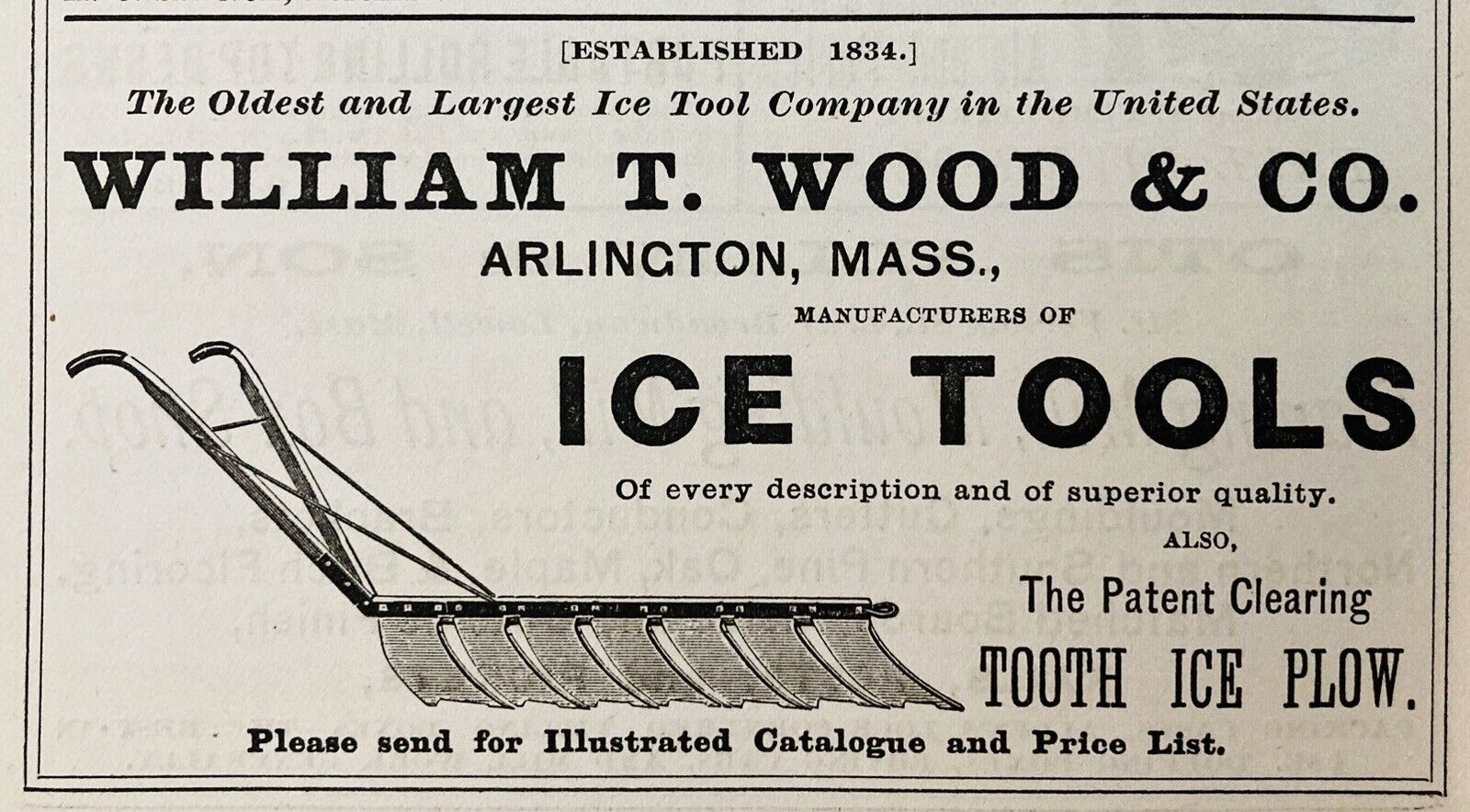1883 AD(N18)~WILLIAM T. WOOD CO. ARLINGTON, MASS. OLDEST ICE TOOL CO. IN U.S.