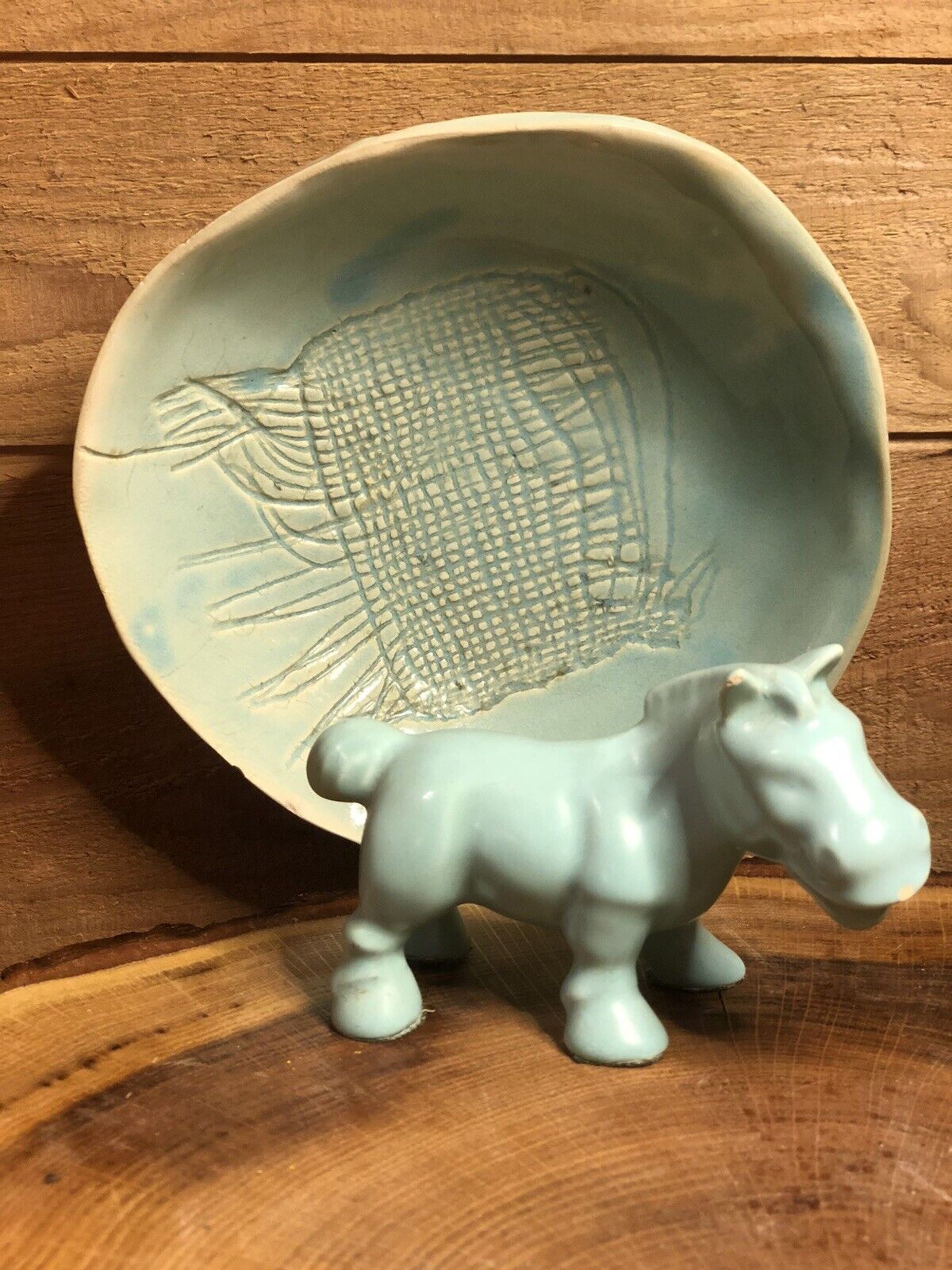BOHO Mexico AROSEV Pottery Donkey Mule & Plate Aqua, Art Pottery Set
