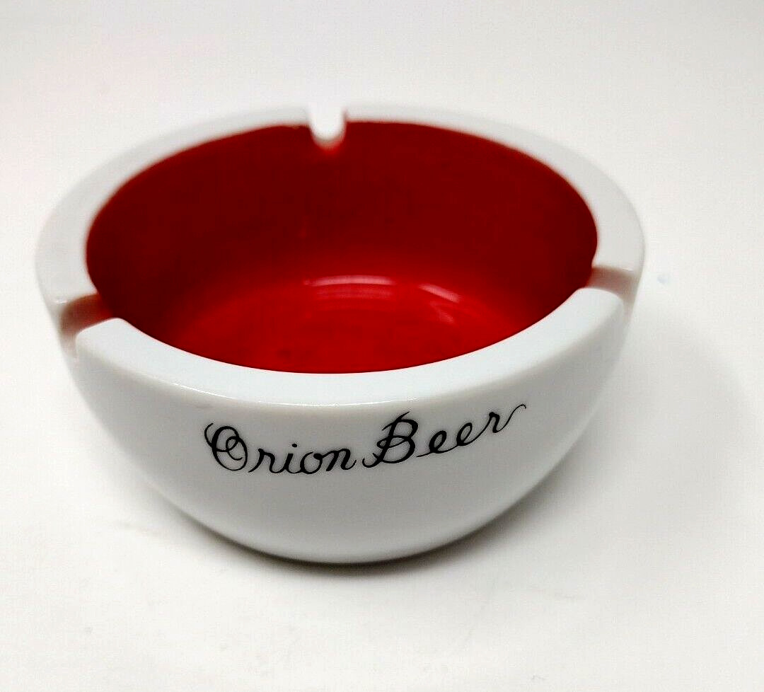 Vintage Orion Beer Ashtray Japanese 3.5” Diameter white & red 