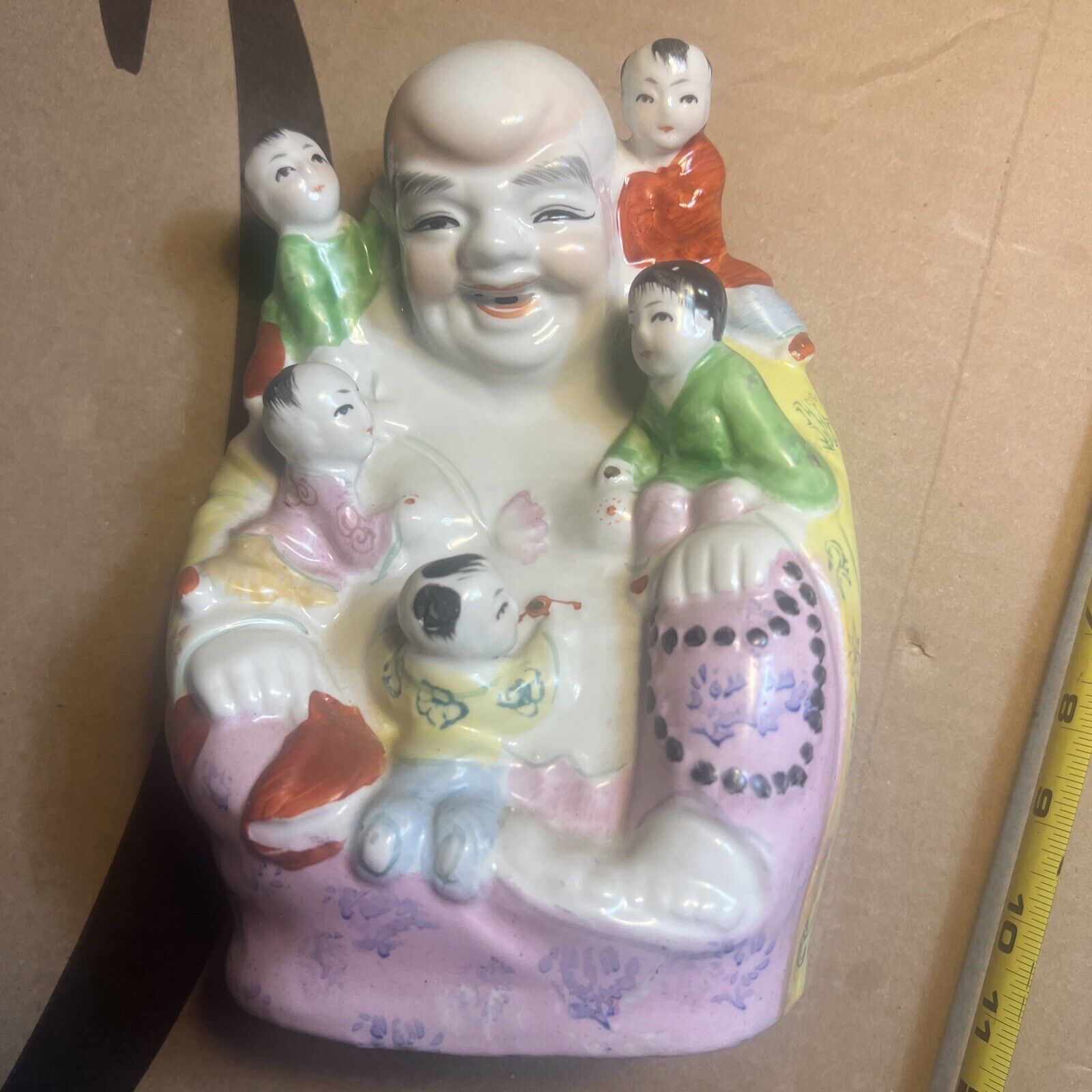 Laughing Happy Buddha 5 Children Statue Figurine 8.5in Vintage Chinese Porcelain